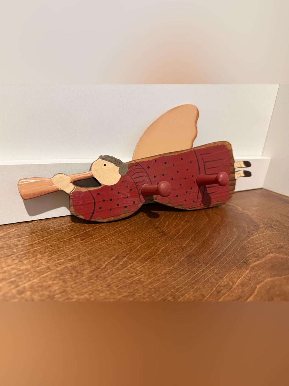Vintage Wooden Angel Folk Art Wall Decor With Pegs